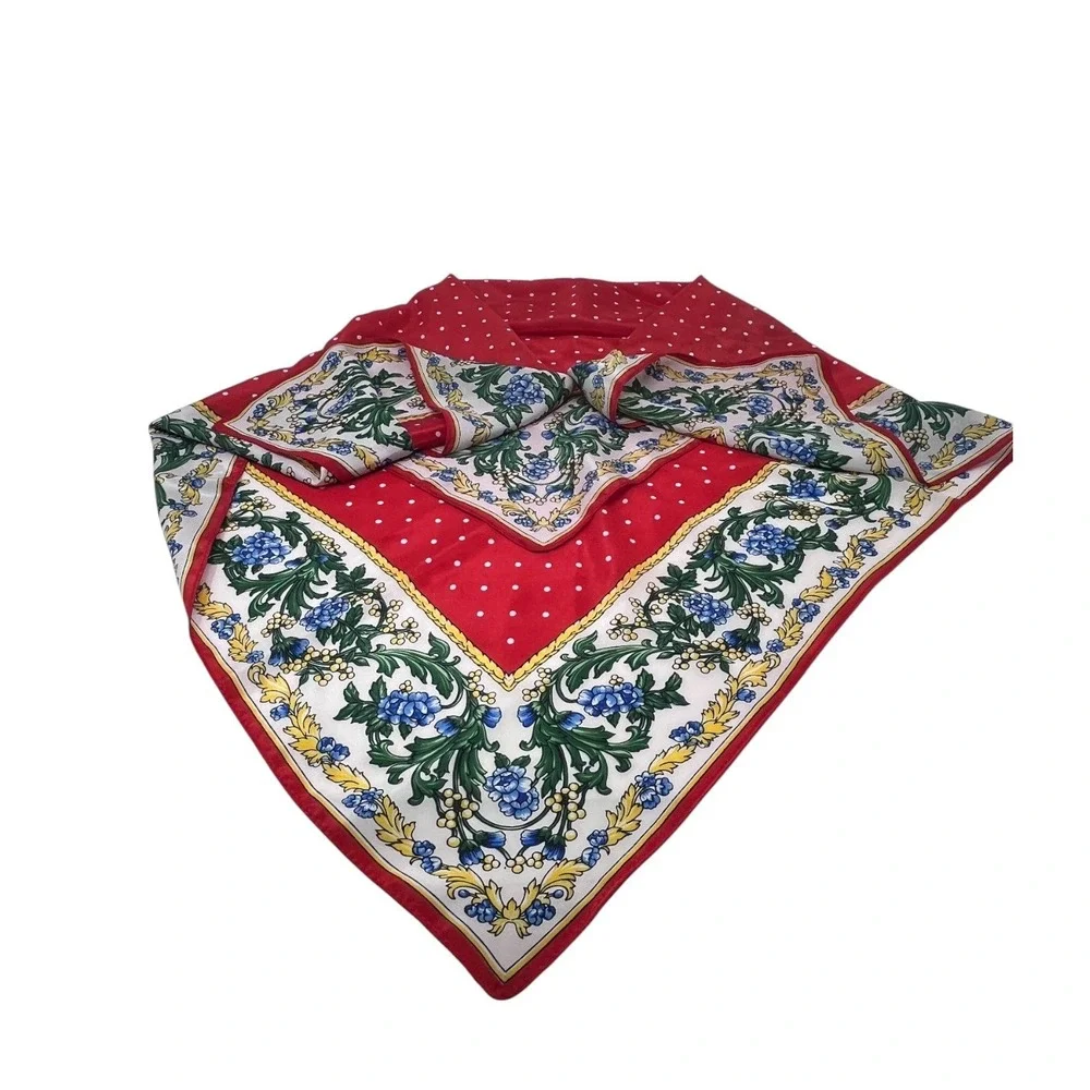 Red Floral Polka Dot Women's Square Scarf Preppy Old‎ Money French Girl Office